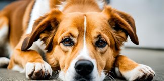 Canine body language as dog lays on owner's feet